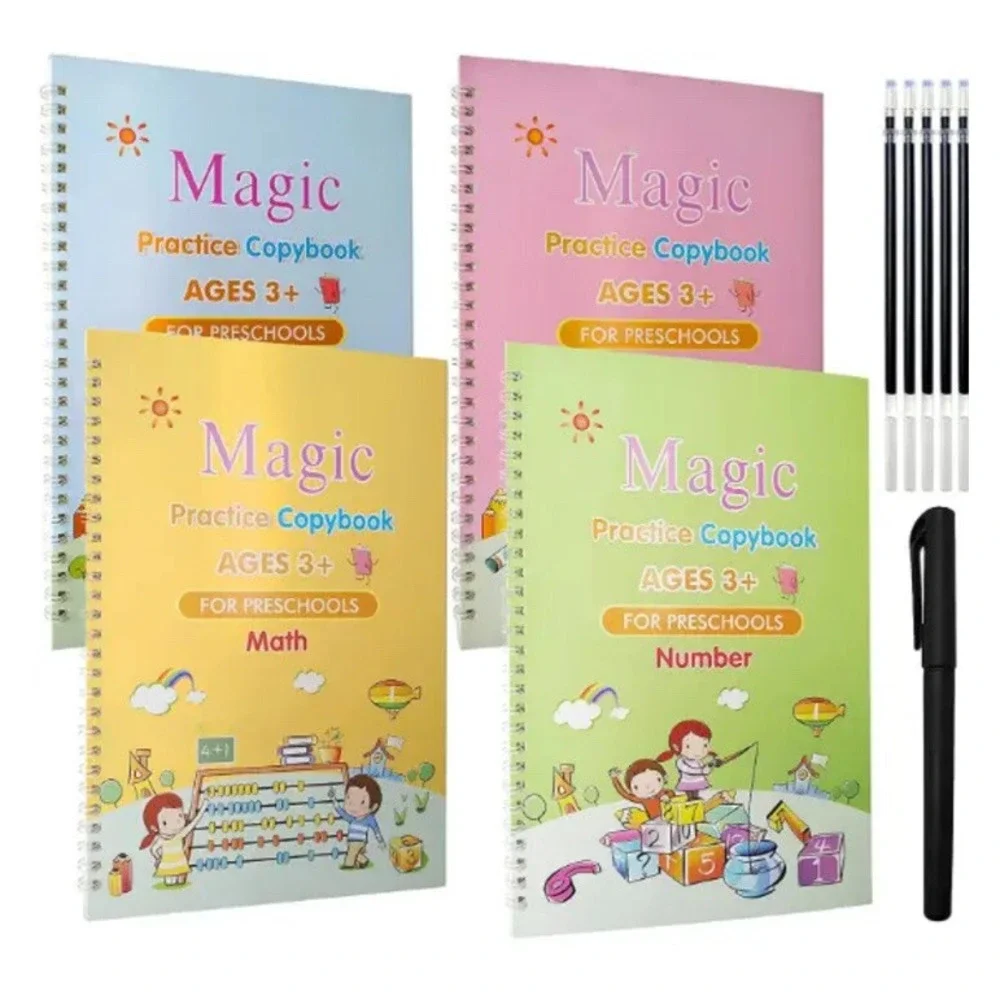 Magic Copy Practice Book Copybook Letters Set (4) Pack with Pens Refills English
